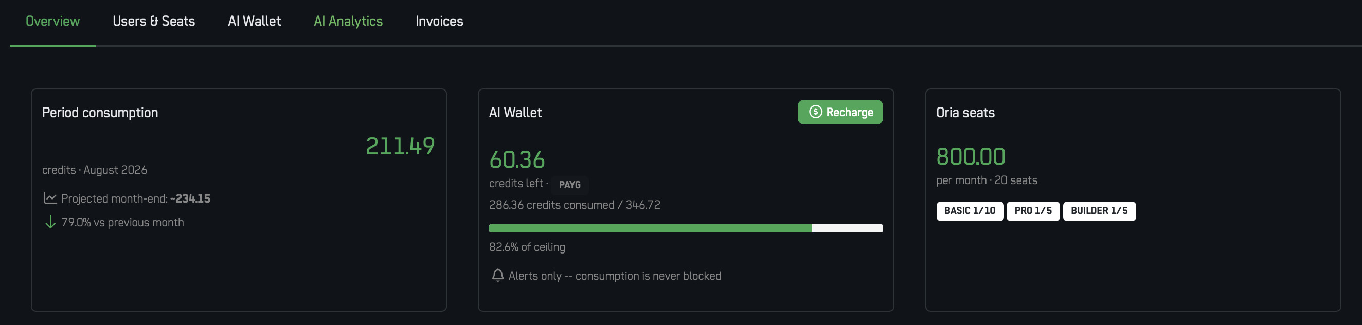 The account overview: period consumption, projection to month end, AI Wallet and seats