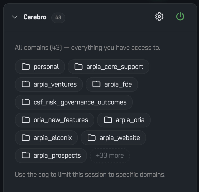 The Cerebro panel in a session, listing the knowledge domains it can draw on