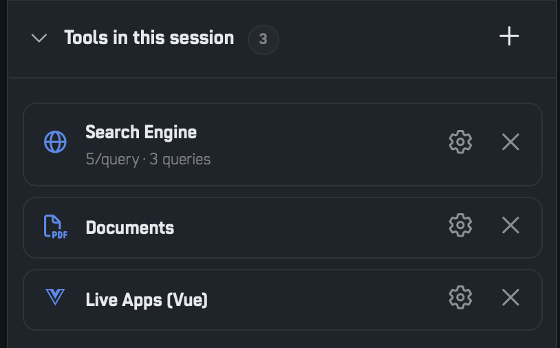 The tools enabled in a session: search, documents and live apps
